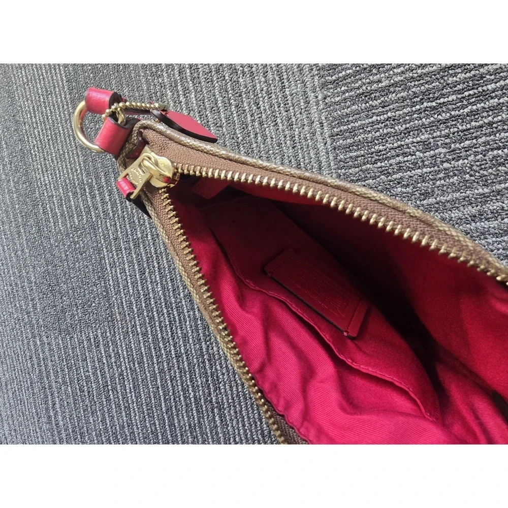 Coach North South Crossbody Bag Signature Canvas Khaki Bright Pink F58309 NEW